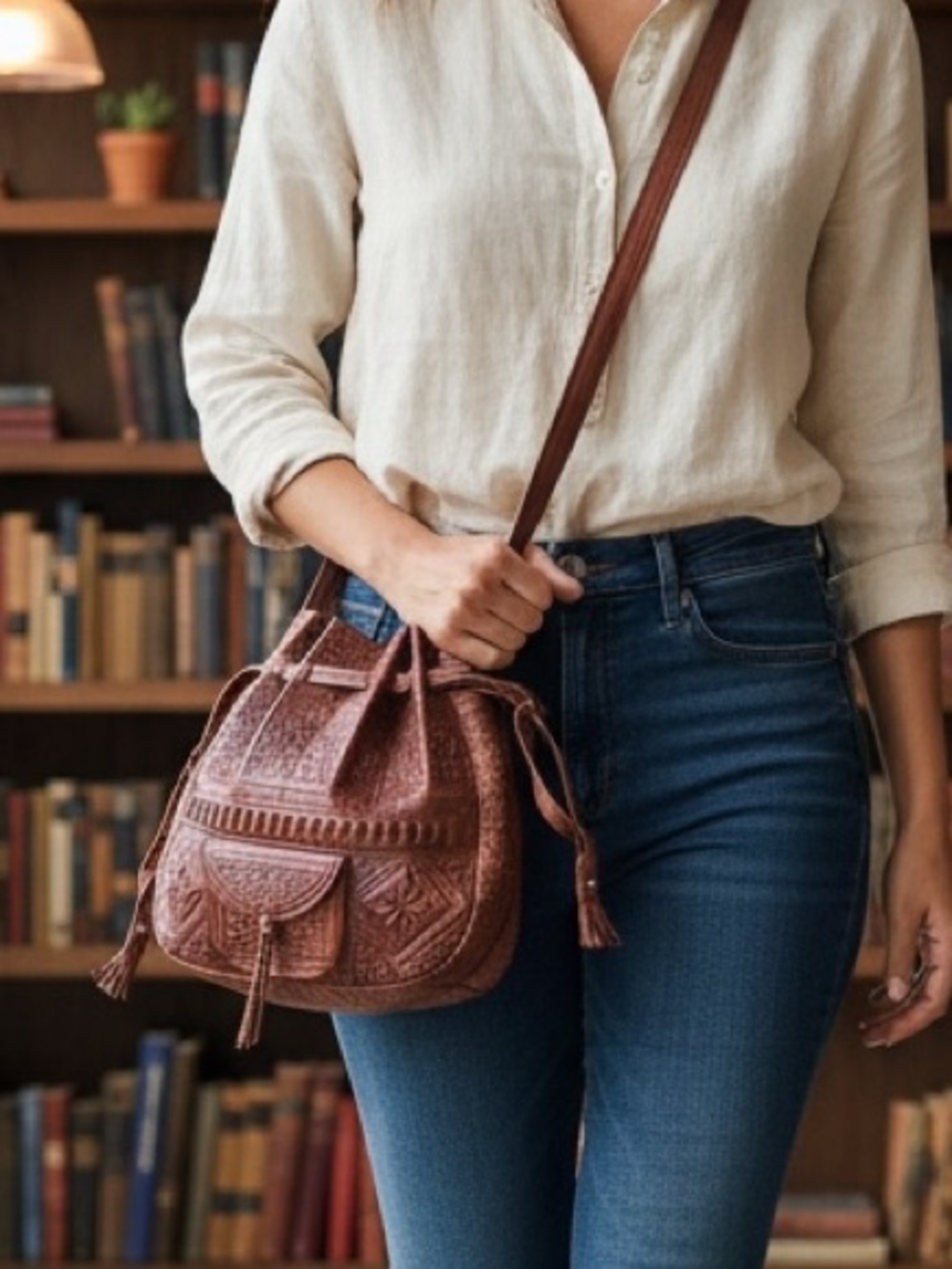 Tooled Vegan Leather Bag Hobo Slouch Drawstring Handmade Chestnut Brown